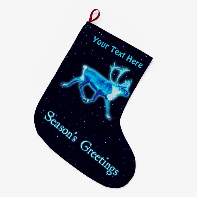 Season's Greetings - Blue Caribou (Reindeer) Large Christmas Stocking (Front (Hanging))