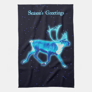 Season's Greetings - Blue Caribou (Reindeer) Tea Towel