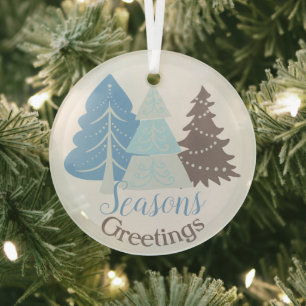 Seasons Greetings Blue Christmas Tree Glass Tree Decoration