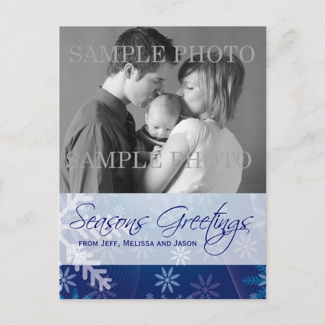 Seasons Greetings Blue Snowflakes Photo Postcard (Front)