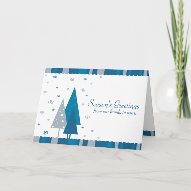 Season's Greetings Blue Trees Holiday Card (Front)