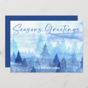 Seasons Greetings Blue Watercolor Pine Trees Holiday Card