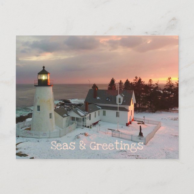 Seasons Greetings Blush Christmas Lighthouse Holiday Postcard (Front)