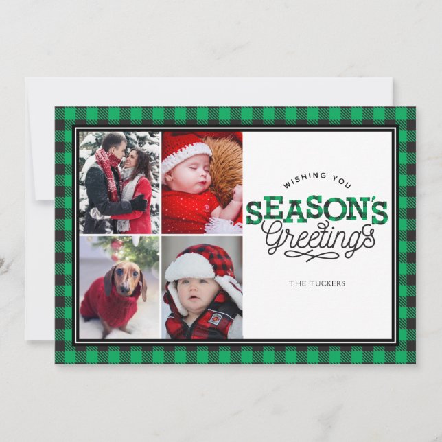SEASON'S Greetings Buffalo Plaid Green 4-Photo Holiday Card (Front)