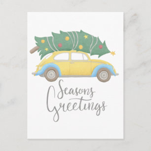 Seasons Greetings Car & Tree Holiday Postcard
