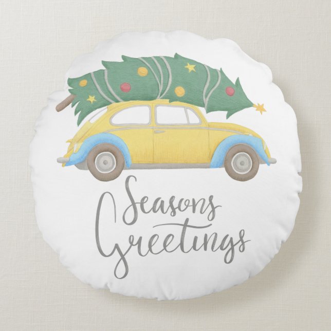 Seasons Greetings Car & Tree Round Cushion (Front)
