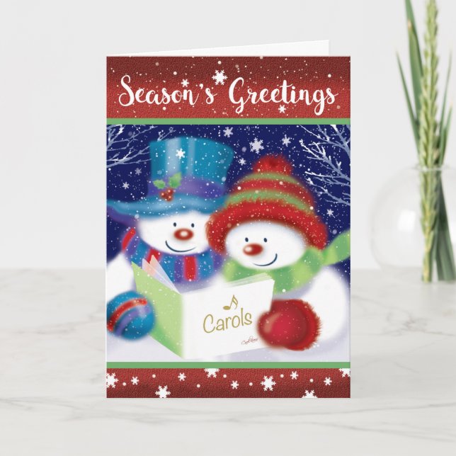 Season's Greetings, Carol Singing Snowman & woman Holiday Card (Front)