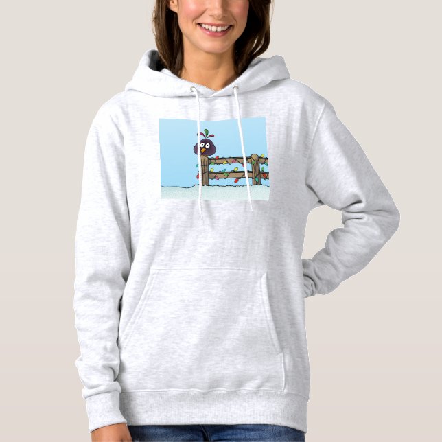 Seasons Greetings Cartoon Bird on Fence Hoodie (Front)