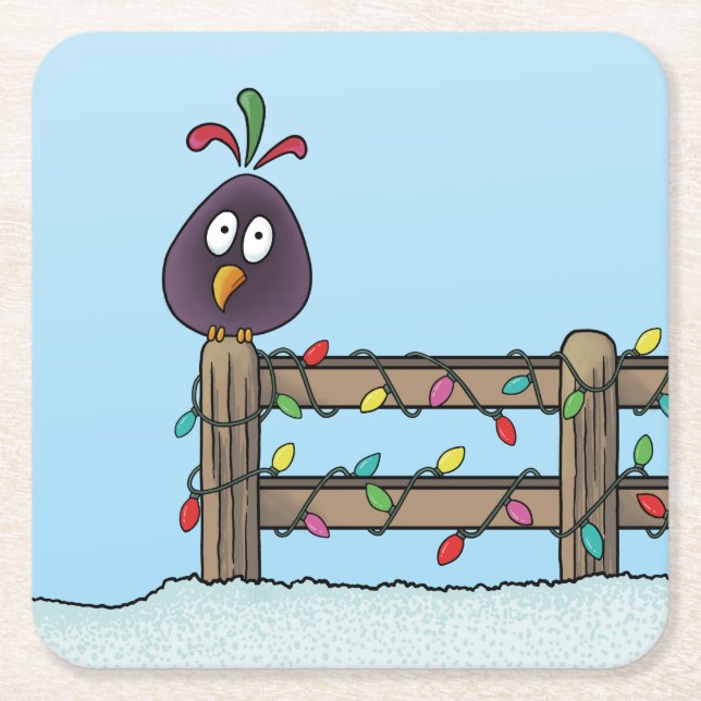 Seasons Greetings Cartoon Bird on Fence Square Paper Coaster (Front)