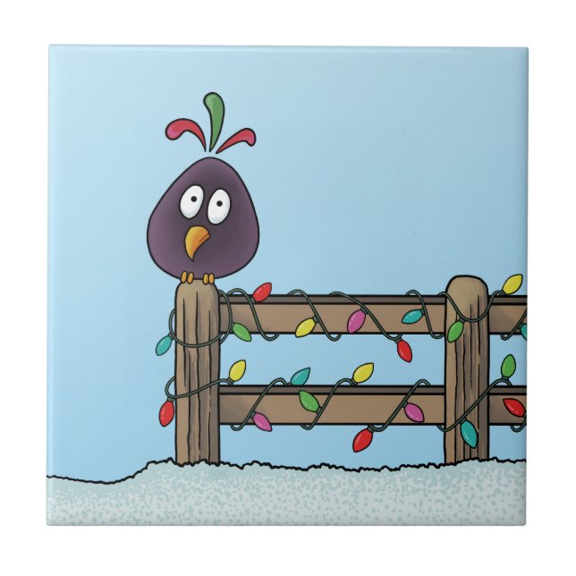 Seasons Greetings Cartoon Bird on Fence Tile (Front)