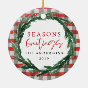 Seasons greetings check + wreath Christmas photo Ceramic Tree Decoration