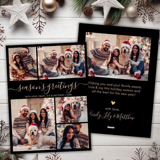 Seasons Greetings Chic Black Gold Script 5 Photo Holiday Card (Creator Uploaded)