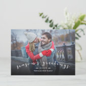 Season's Greetings Chic Script Overlay Photo Holiday Card (Standing Front)