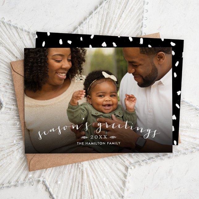 Season's Greetings Chic Script Overlay Photo Holiday Card (Creator Uploaded)