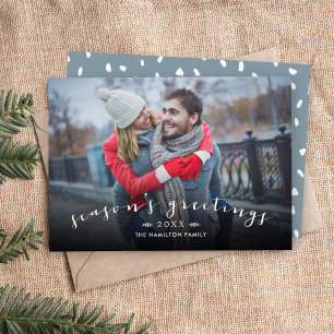 Season's Greetings Chic Script Overlay Photo Holiday Card
