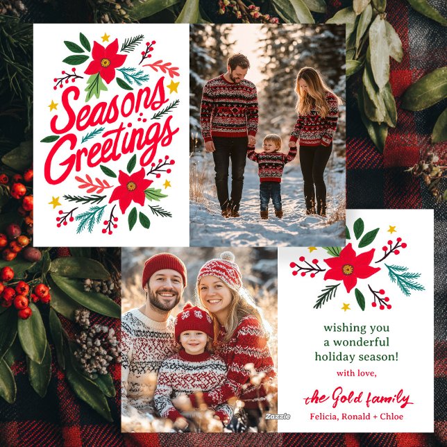 SEASONS GREETINGS Christmas CUSTOM 2 PHOTO Holiday Card (SEASONS GREETINGS Christmas CUSTOM Two PHOTO Botanical Hand-Drawn Holiday Card
)
