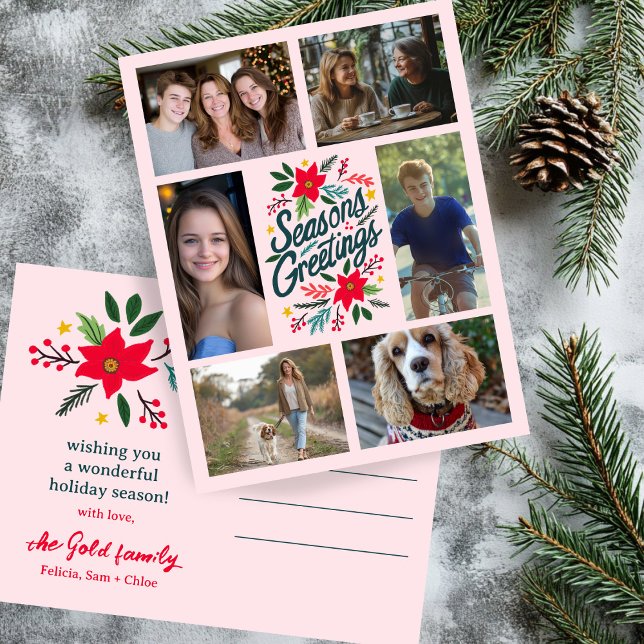 SEASONS GREETINGS Christmas CUSTOM 6 PHOTO Holiday Postcard (SEASONS GREETINGS Christmas CUSTOM 6 PHOTO Collage Family Hand Drawn Holiday Postcard
)