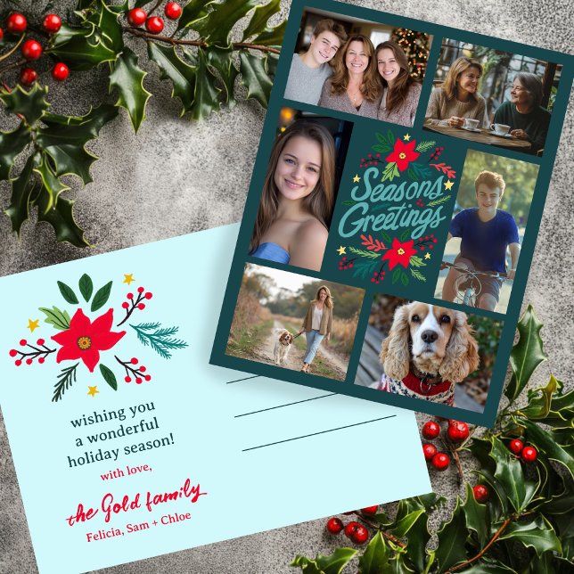 SEASONS GREETINGS Christmas CUSTOM 6 PHOTO Holiday Postcard (SEASONS GREETINGS Hand-drawn Christmas CUSTOM 6 PHOTO Family Collage Holiday Postcard
)