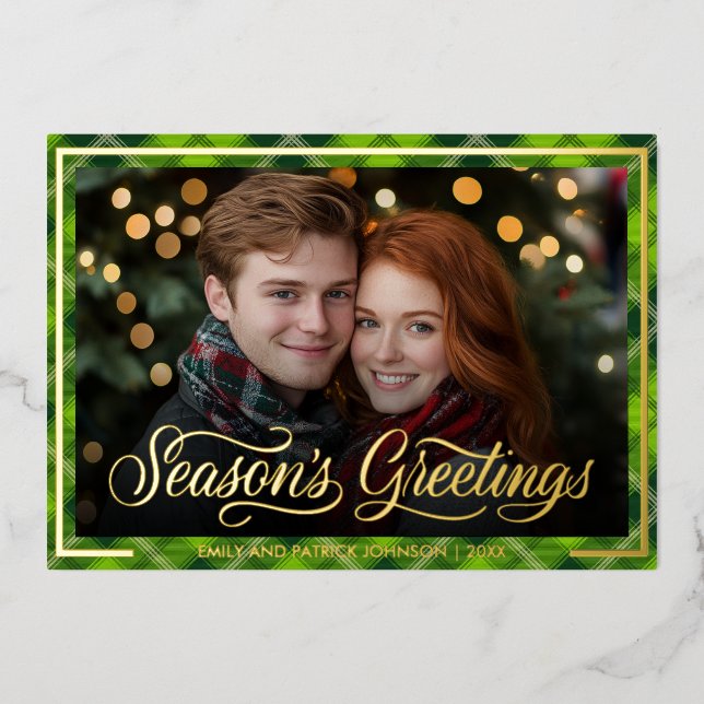 Seasons Greetings | Christmas Green Plaid Photo (Front)