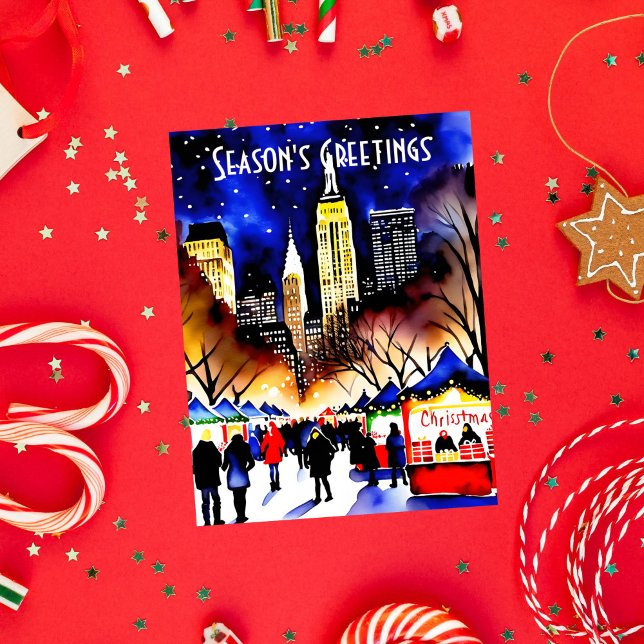 Seasons greetings Christmas night market New York Postcard (Seasons greeting New York Christmas night market watercolor postcard)