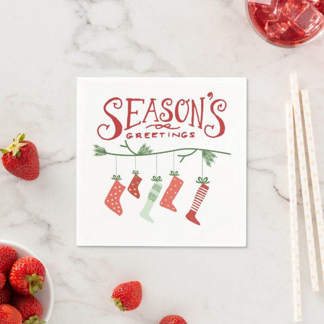 Season's Greetings & Christmas Stockings Napkin (Insitu)