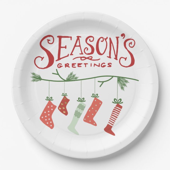 Season's Greetings & Christmas Stockings Paper Plate (Front)