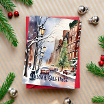 Seasons greetings Christmas winter street New York Postcard<br><div class="desc">Seasons greetings Christmas snowy winter New York street greetings Christmas new year postcard,  snow winter wonderland in New York modern watercolor</div>
