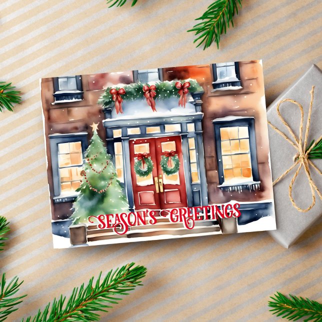 Seasons greetings Christmas winter street New York Postcard (Seasons greetings Christmas postcard watercolor New York Christmas decorated street building)