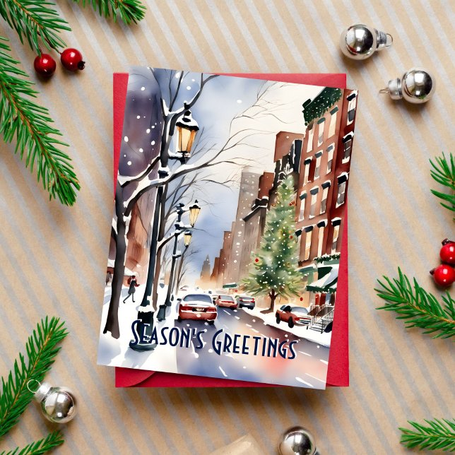 Seasons greetings Christmas winter street New York Postcard (Seasons greetings New York snowy winter street modern watercolor postcard Christmas postcard)