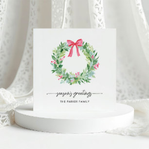 Seasons Greetings Christmas Wreath and Red Bow Holiday Card