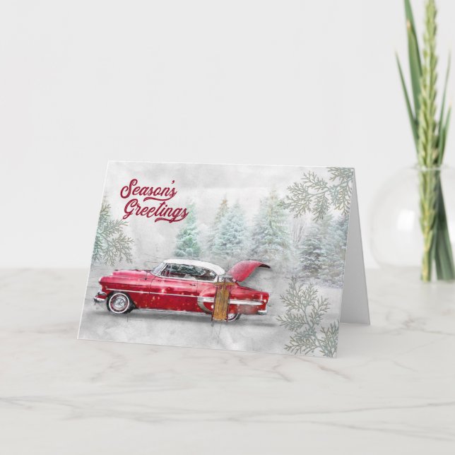 Season's Greetings Classic Car Watercolor Sketch Holiday Card (Front)