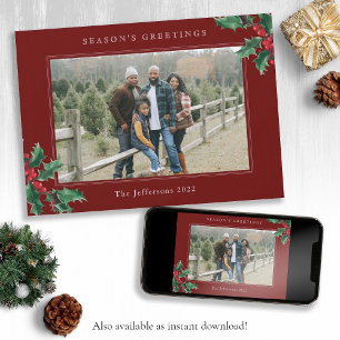 Season's Greetings Classic Holly Red Christmas  Card