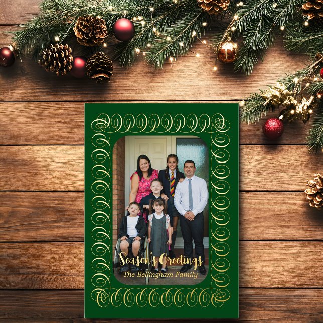 Season's Greetings Curlicue Framed Photo Foil Holiday Card (Creator Uploaded)