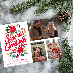 SEASONS GREETINGS CUSTOM 3 PHOTO Grid HOLIDAY  Card