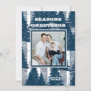 Seasons Greetings Custom Navy Silver Pine Trees H Holiday Card