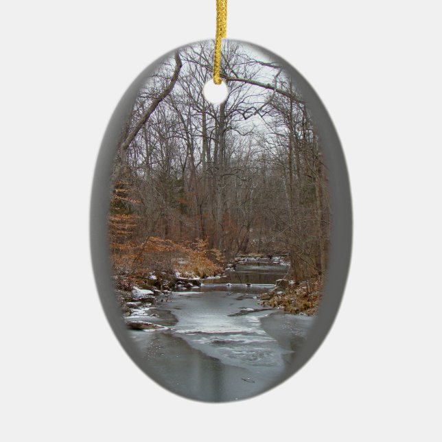 Season's Greetings Deep Creek in Ice Ceramic Tree Decoration (Front)
