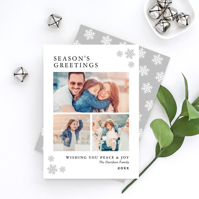 Seasons Greetings Elegant Platinum Photo Collage Holiday Card (Creator Uploaded)