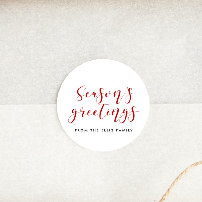 Season's Greetings elegant red and white Classic Round Sticker (Creator Uploaded)