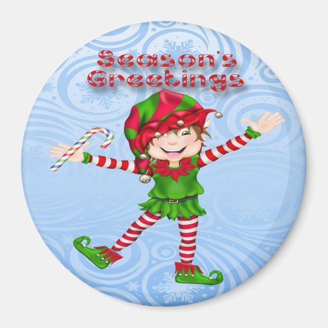 Season's Greetings Elf Round Magnet (Front)