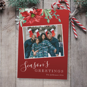 Season's Greetings  Family Photo Red Christmas Holiday Card