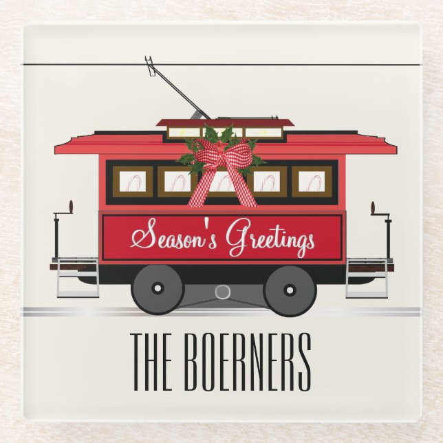 Season's Greetings Family Tram Trolley Streetcar Glass Coaster (Front)