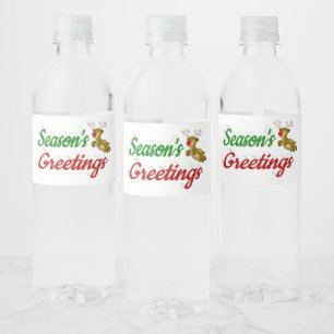 Seasons Greetings Flying Reindeer Christmas script Water Bottle Label