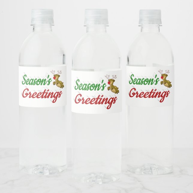 Seasons Greetings Flying Reindeer Christmas script Water Bottle Label (Bottles)