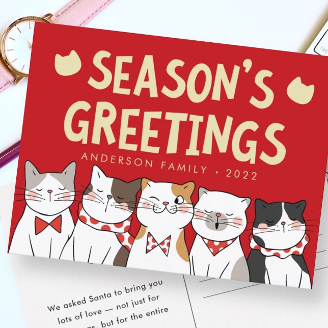 Season's Greetings Funny Cute Cats Caroling Holiday Postcard (Creator Uploaded)
