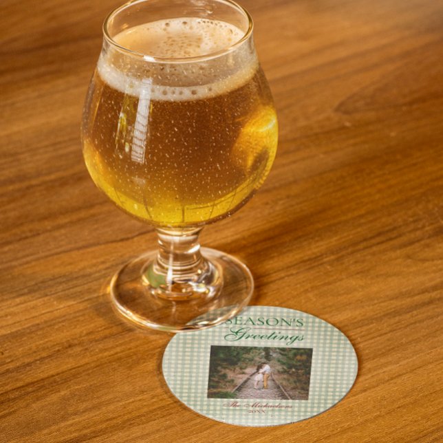 Season's Greetings Gingham Christmas Round Paper Coaster (Creator Uploaded)