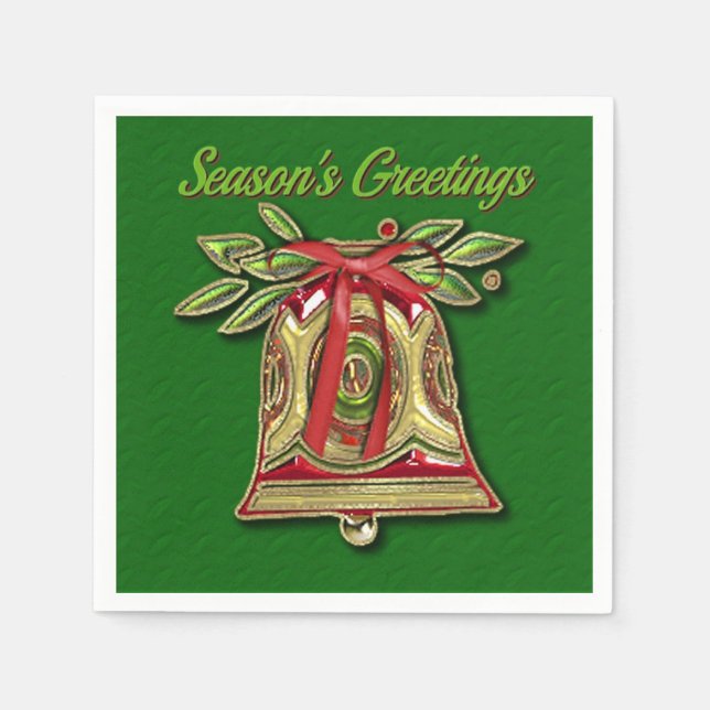 Season's Greetings Gold Christmas Bell Napkins (Front)