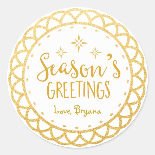 SEASONS GREETINGS Gold Christmas Holiday Sticker (Front)