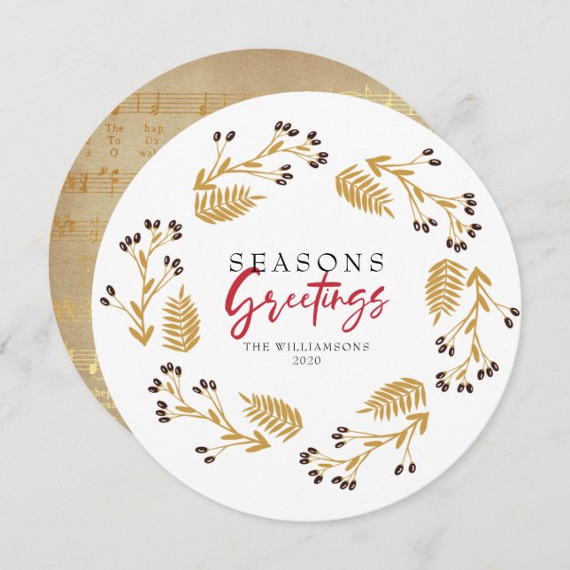 Seasons Greetings Gold Floral Wreath Holiday Card (Front/Back)