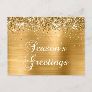 Season's Greetings Gold Glittery Faux Foil Holiday Postcard