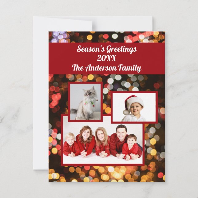 Seasons Greetings Gold, Red, Sparkles Photo Holiday Card (Front)